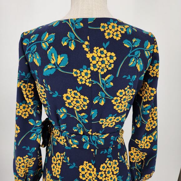 J Crew Floral Wrap Dress 0 V Neck 3/4 Sleeve Style K0109 Navy Blue Yellow Career - Picture 9 of 11